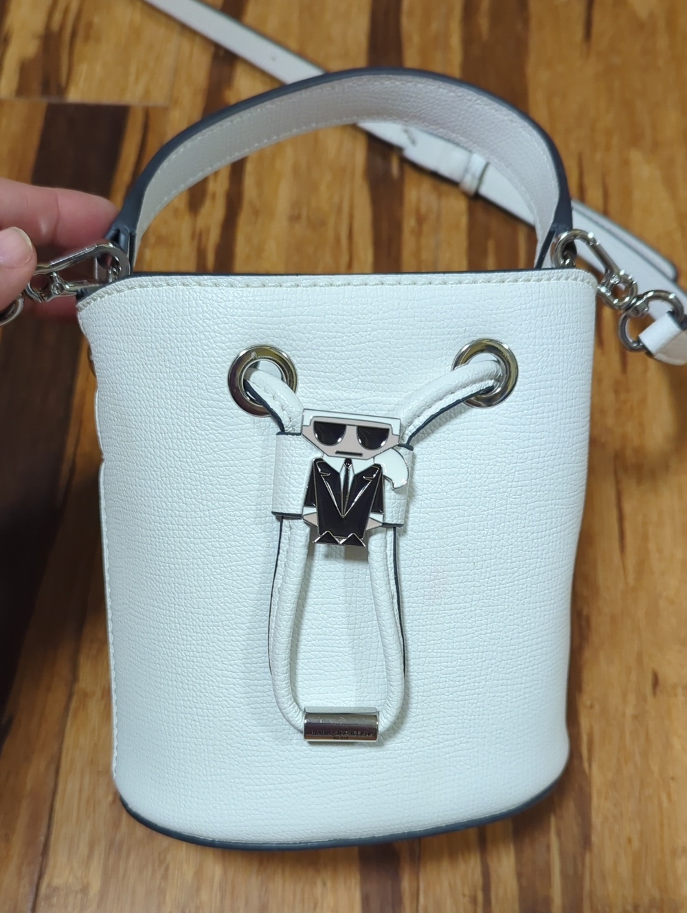 Karl Lagerfeld Maybelle White Mini Crossbody Bucket Bag Faux Leather